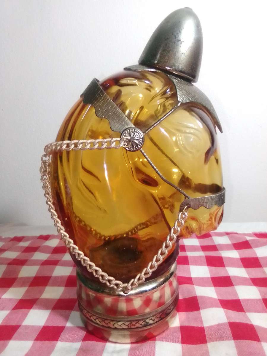 Vintage Glass Horse head shaped decanter music box. Decanter plays "how dry am I"