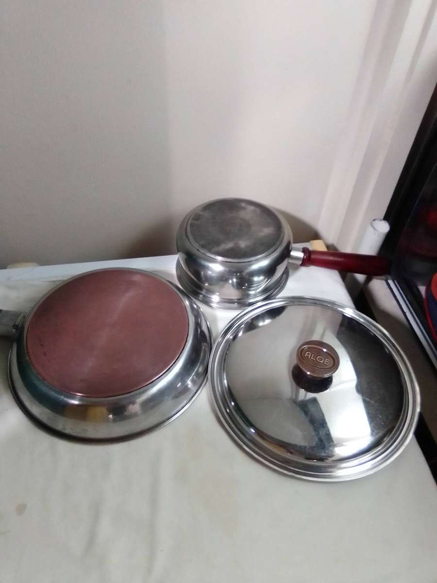 Reserved for "JamKin 5167" A `ALOE` copper based lidded long handled 26cm skillet + smaller pan.