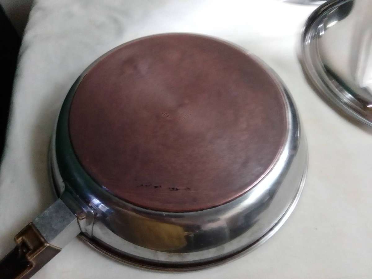 Reserved for "JamKin 5167" A `ALOE` copper based lidded long handled 26cm skillet + smaller pan.