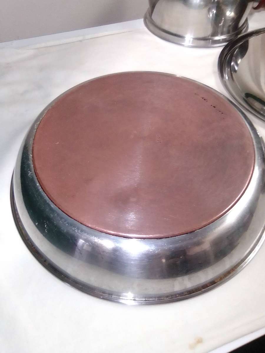 Reserved for "JamKin 5167" A `ALOE` copper based lidded long handled 26cm skillet + smaller pan.