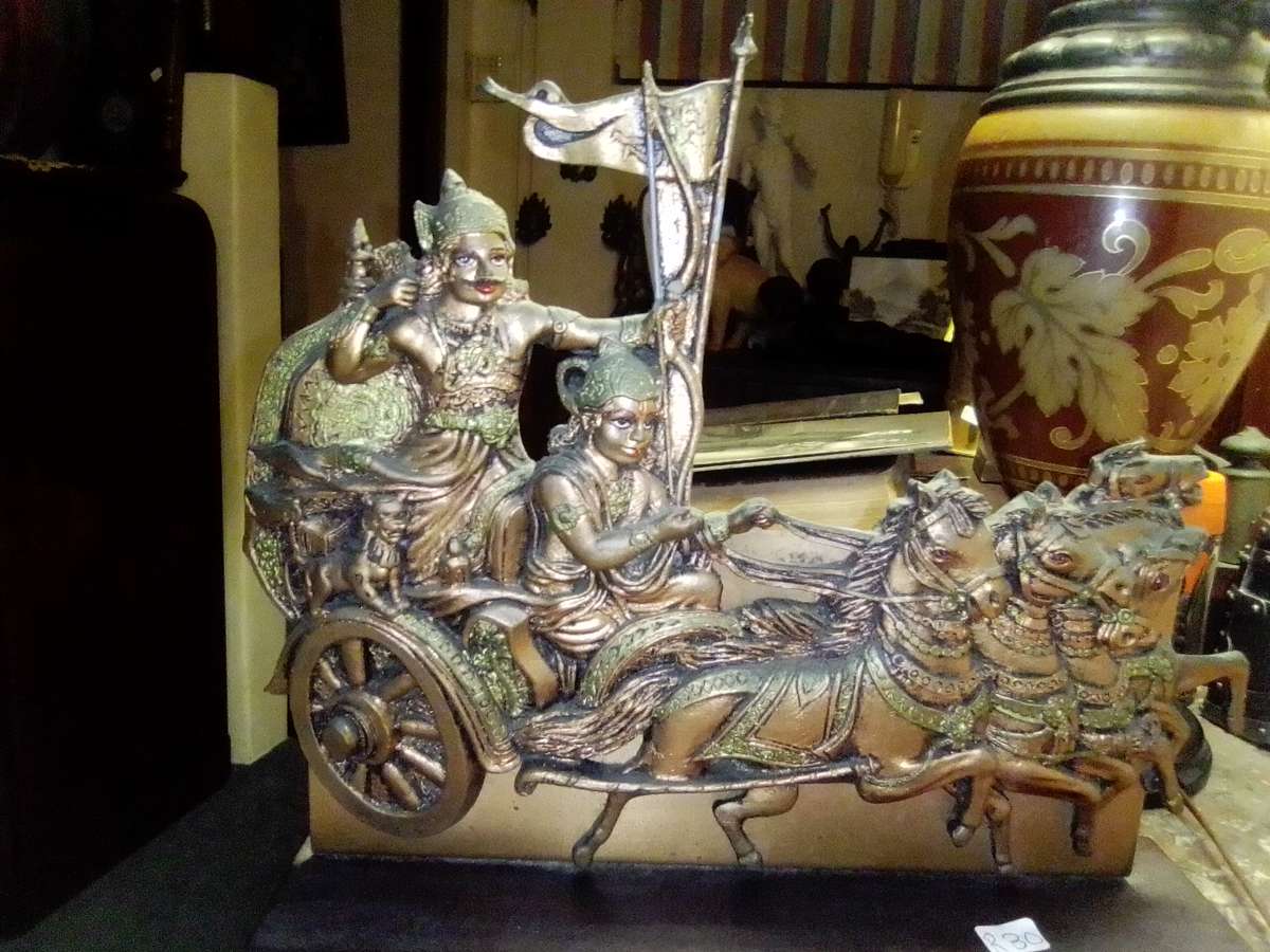 Beautiful Hand cold cast Bronze duplicating Lord Krishna Idol Arjuna Rath 4 x Horse Chariot Statue
