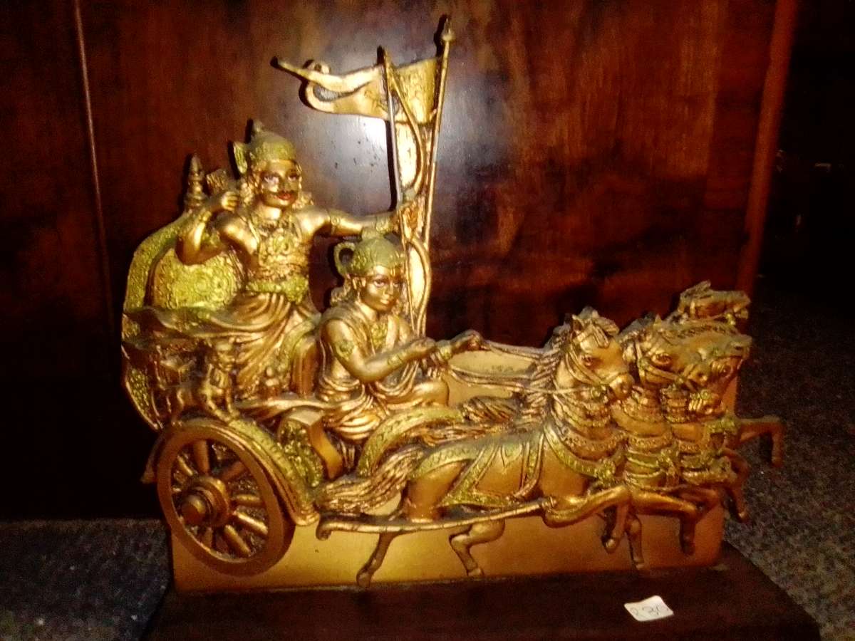 Beautiful Hand cold cast Bronze duplicating Lord Krishna Idol Arjuna Rath 4 x Horse Chariot Statue