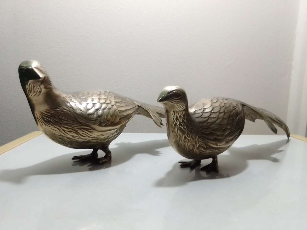 Wow a pair of heavy-duty brass Pheasants.  Antique French cast brass Pheasants.