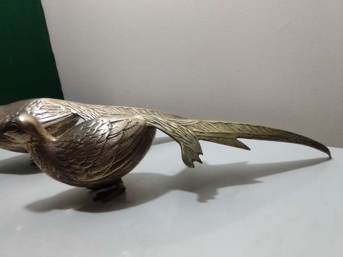 Wow a pair of heavy-duty brass Pheasants.  Antique French cast brass Pheasants.