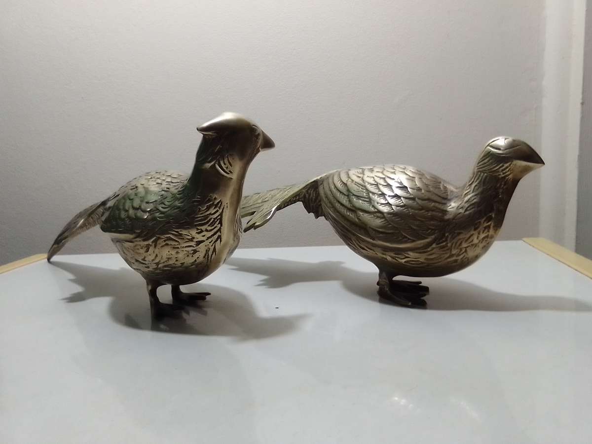 Wow a pair of heavy-duty brass Pheasants.  Antique French cast brass Pheasants.