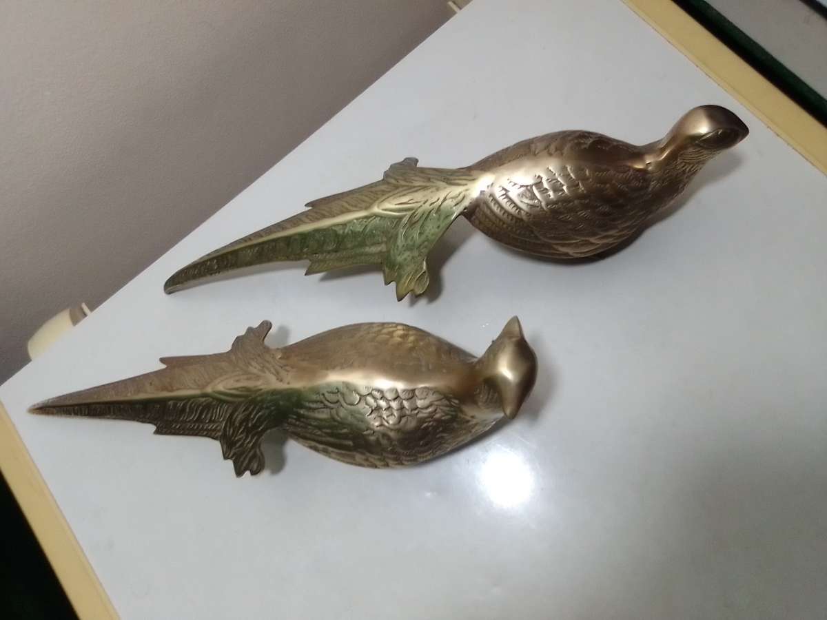 Wow a pair of heavy-duty brass Pheasants.  Antique French cast brass Pheasants.