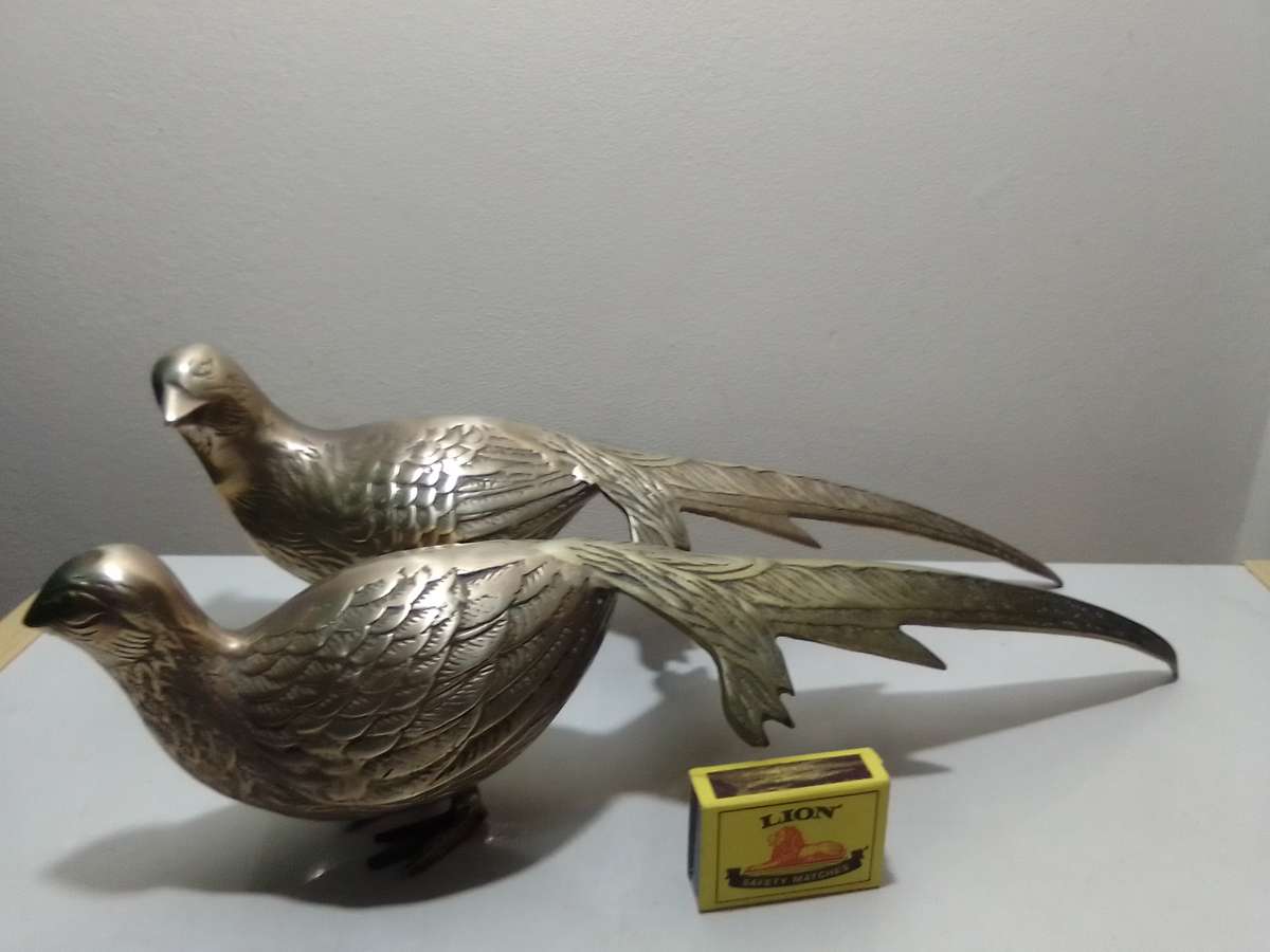 Wow a pair of heavy-duty brass Pheasants.  Antique French cast brass Pheasants.