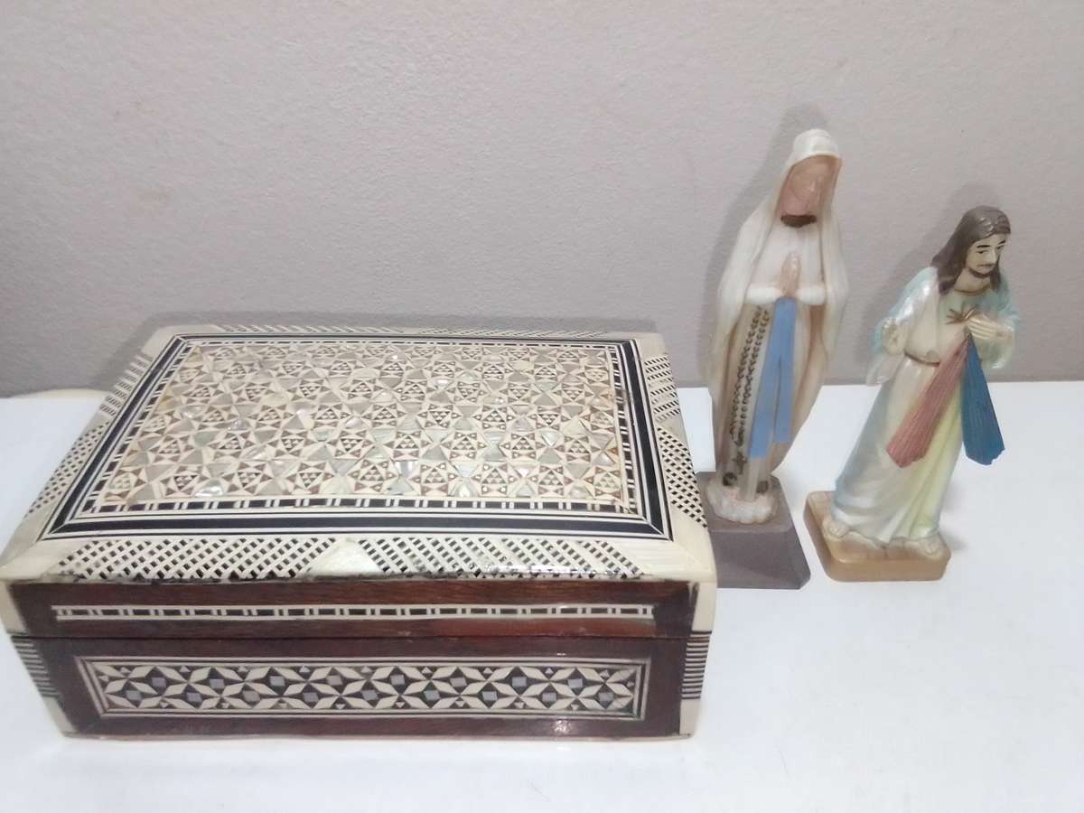 A Variety of good Vintage Religious Items and a Victorian coin mounted plus a mother of pearl box.