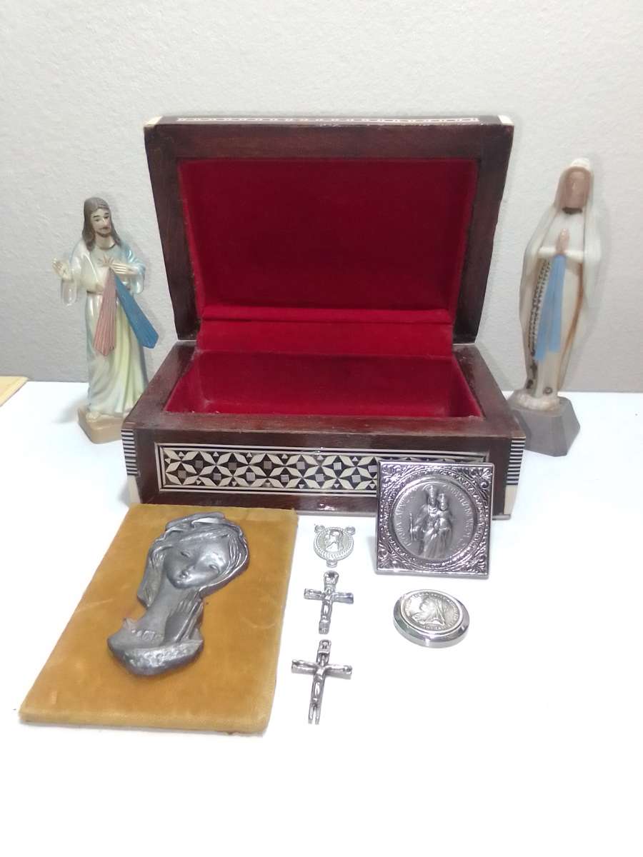 A Variety of good Vintage Religious Items and a Victorian coin mounted plus a mother of pearl box.