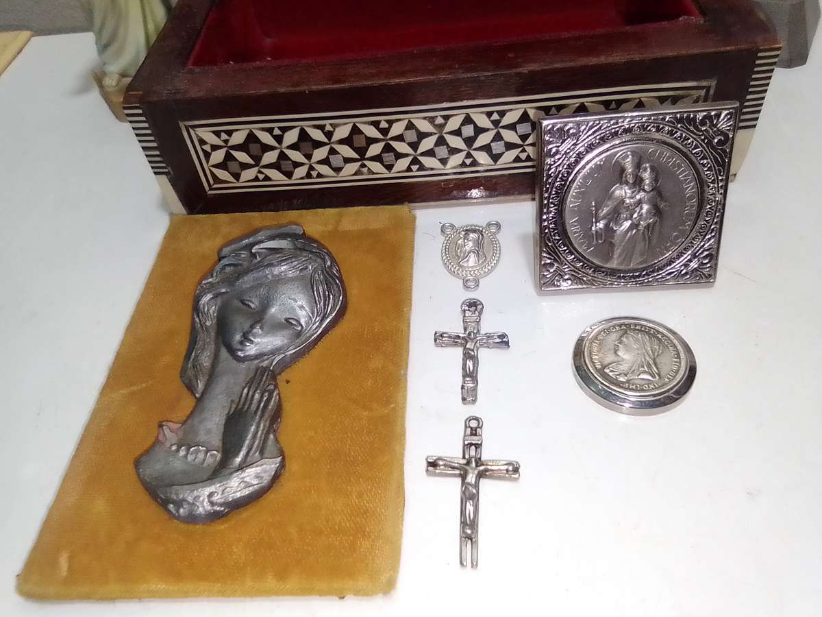 A Variety of good Vintage Religious Items and a Victorian coin mounted plus a mother of pearl box.