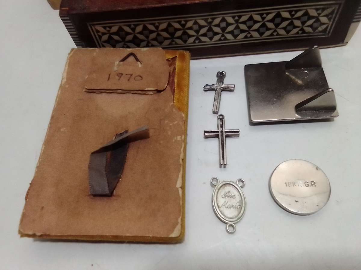 A Variety of good Vintage Religious Items and a Victorian coin mounted plus a mother of pearl box.