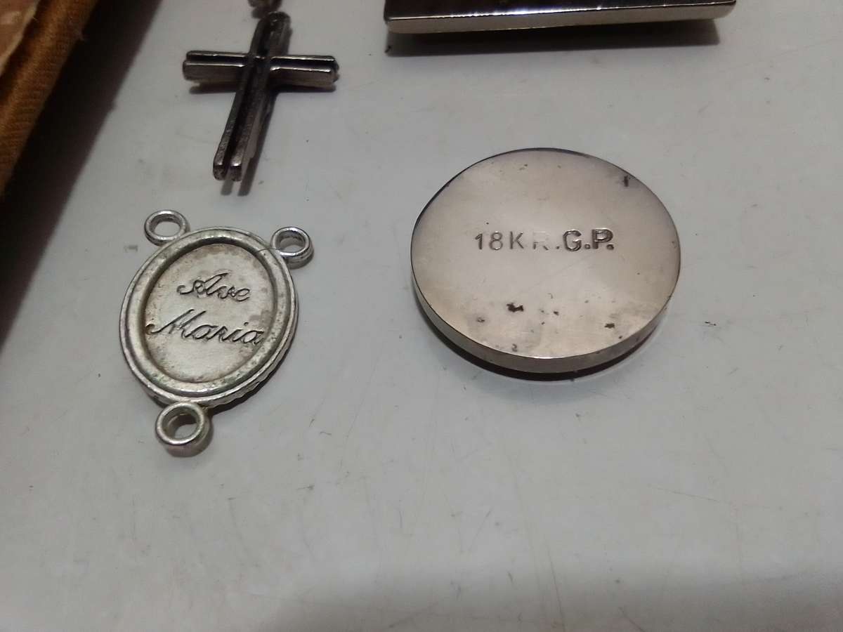 A Variety of good Vintage Religious Items and a Victorian coin mounted plus a mother of pearl box.