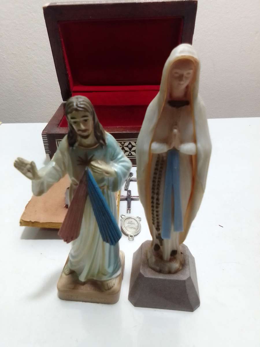 A Variety of good Vintage Religious Items and a Victorian coin mounted plus a mother of pearl box.