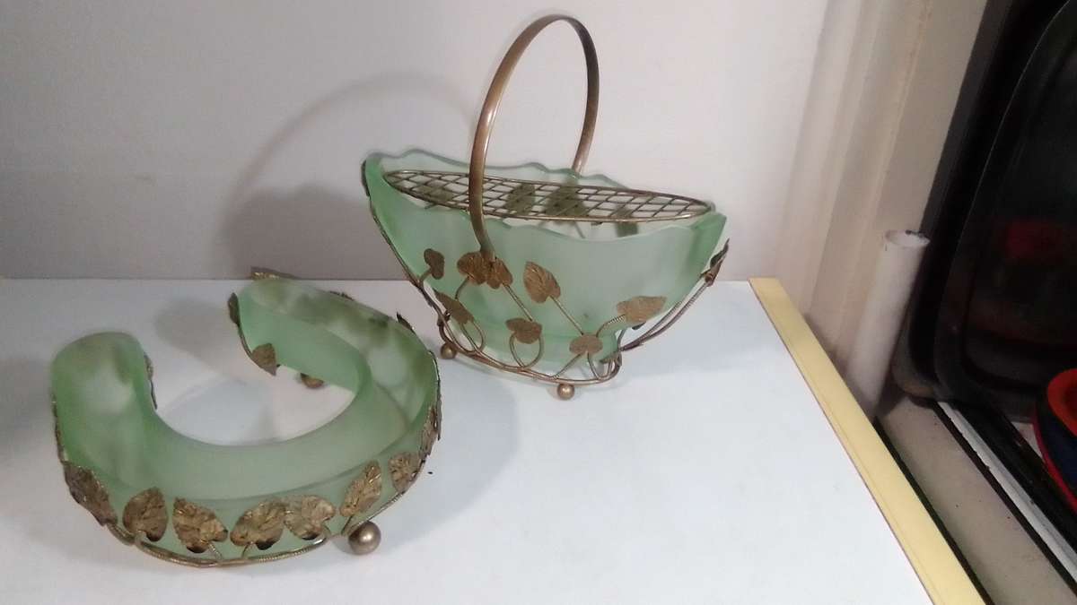 1950's Bagley Art Deco Frosted Green Glass Vases Horseshoe Bloom Trough and Gold Leaf Design Basket.