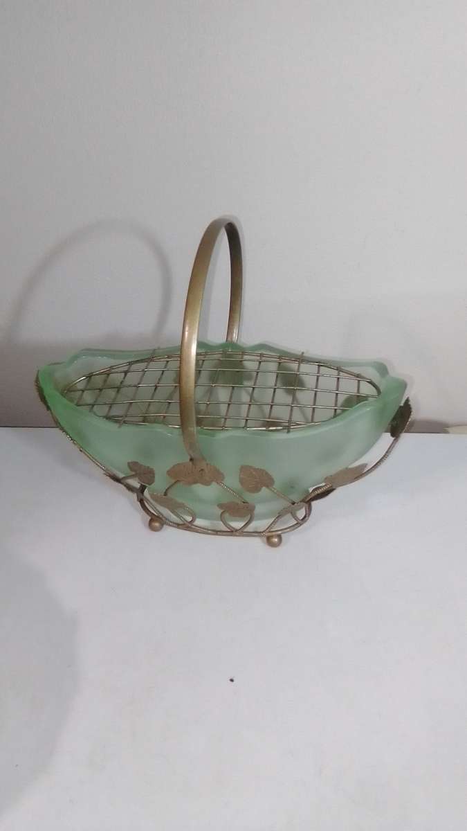 1950's Bagley Art Deco Frosted Green Glass Vases Horseshoe Bloom Trough and Gold Leaf Design Basket.