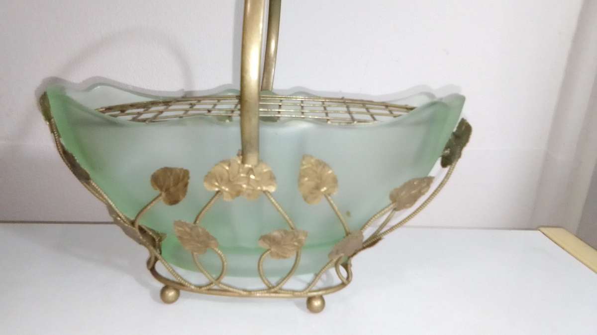 1950's Bagley Art Deco Frosted Green Glass Vases Horseshoe Bloom Trough and Gold Leaf Design Basket.