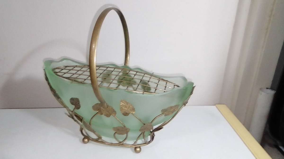 1950's Bagley Art Deco Frosted Green Glass Vases Horseshoe Bloom Trough and Gold Leaf Design Basket.