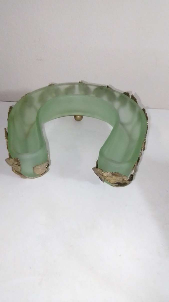 1950's Bagley Art Deco Frosted Green Glass Vases Horseshoe Bloom Trough and Gold Leaf Design Basket.
