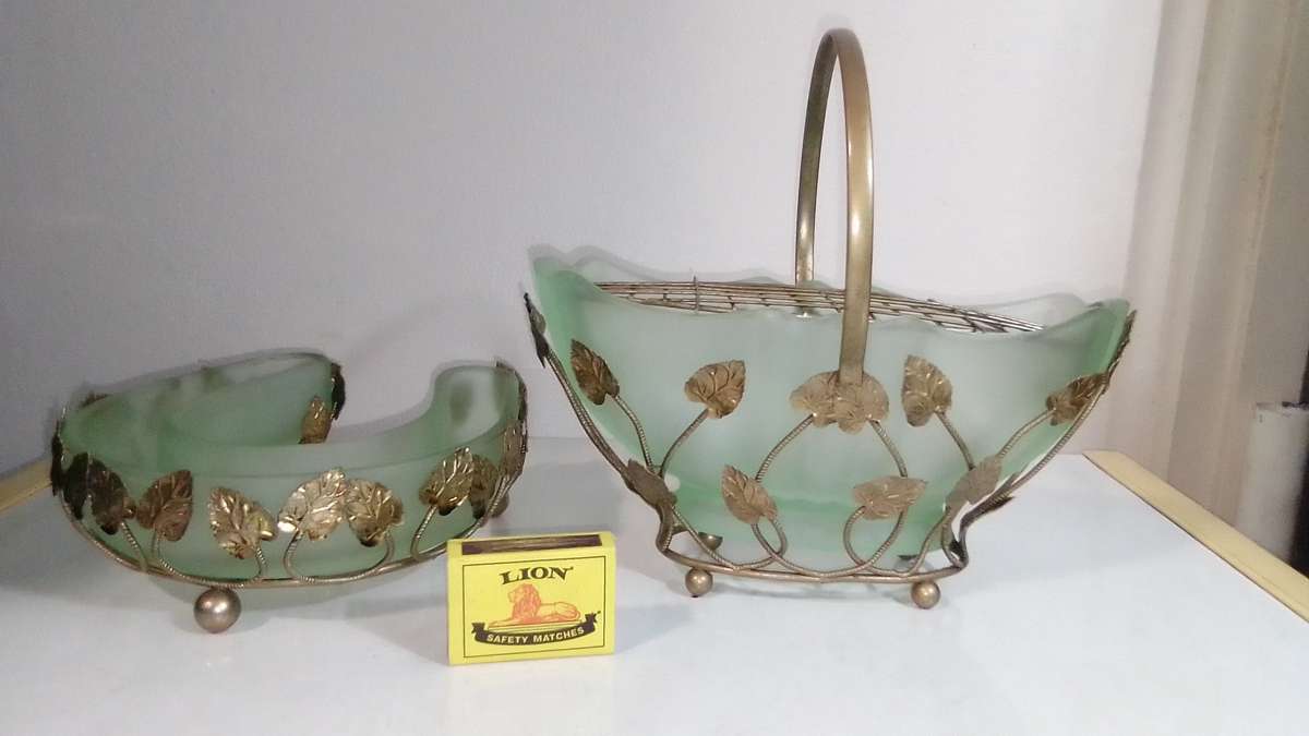 1950's Bagley Art Deco Frosted Green Glass Vases Horseshoe Bloom Trough and Gold Leaf Design Basket.