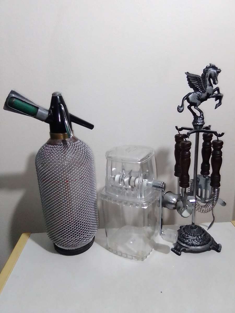 Wow 3 Items. 1950's Soda Syphon silver wire bottle. Ice crusher. Old Knight bar accessories