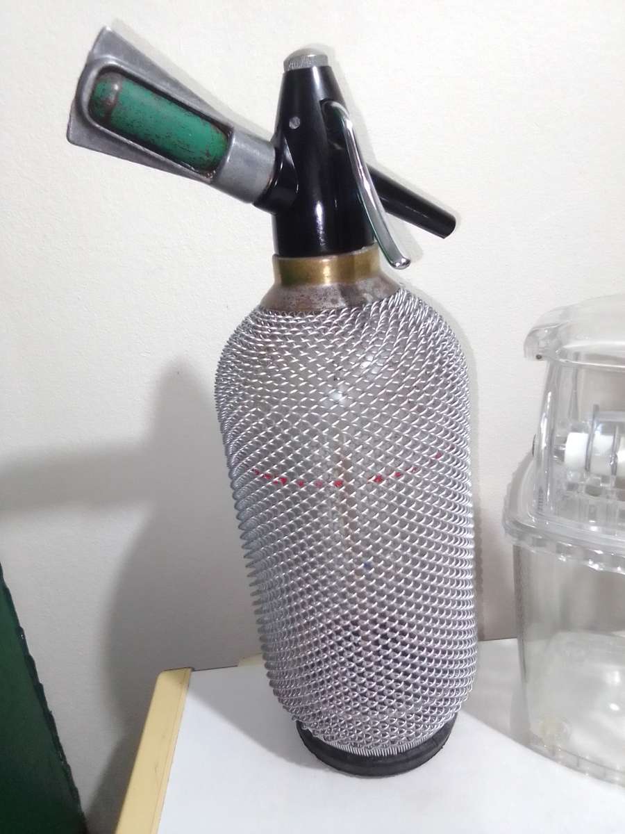 Wow 3 Items. 1950's Soda Syphon silver wire bottle. Ice crusher. Old Knight bar accessories