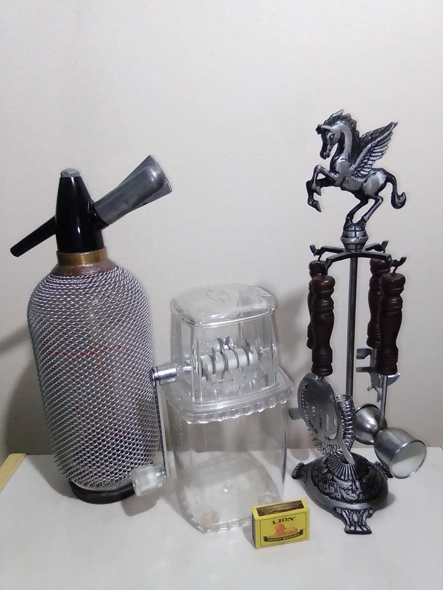 Wow 3 Items. 1950's Soda Syphon silver wire bottle. Ice crusher. Old Knight bar accessories