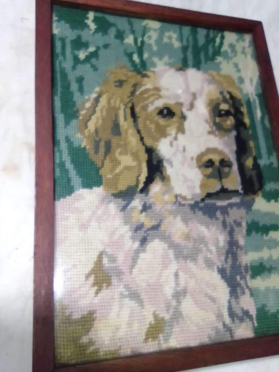 Framed Picture of Beagle dog tapestry under glass.