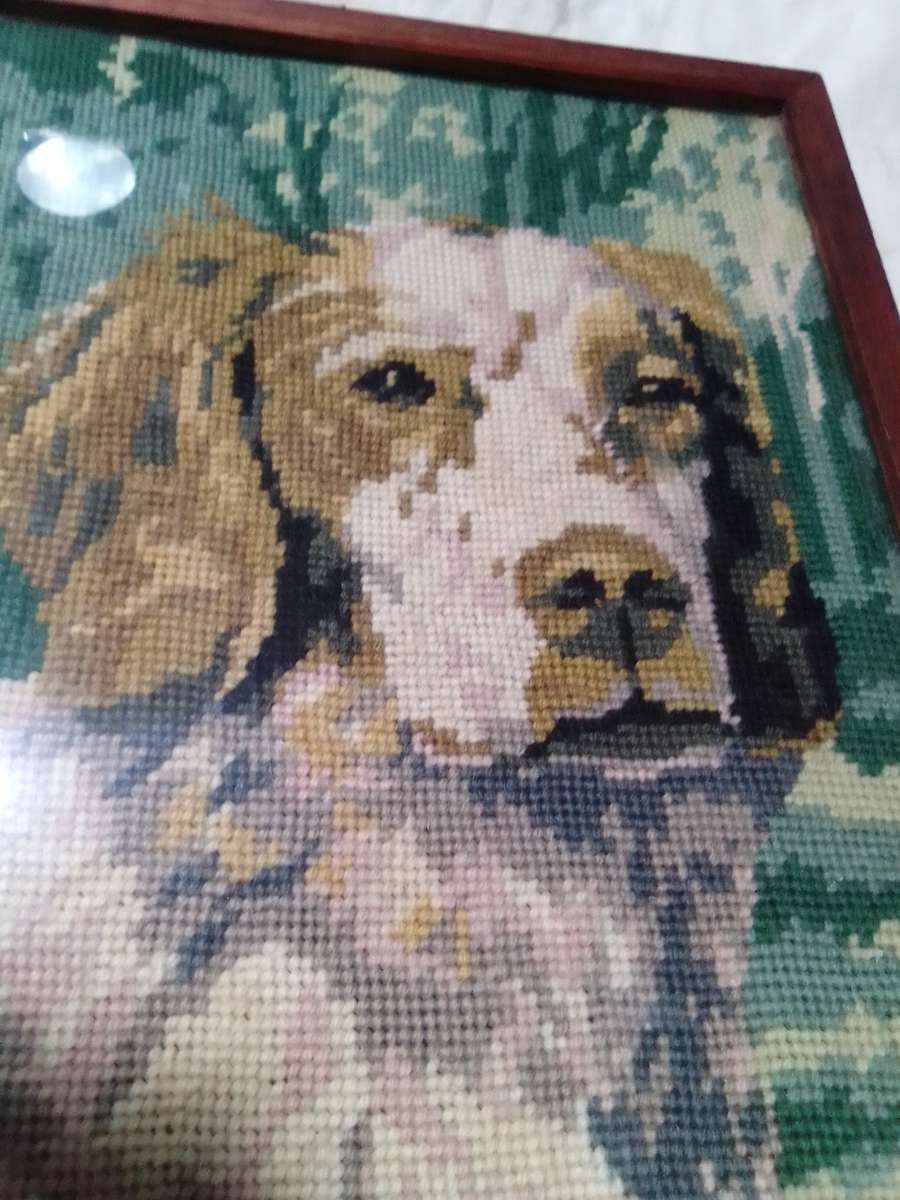 Framed Picture of Beagle dog tapestry under glass.