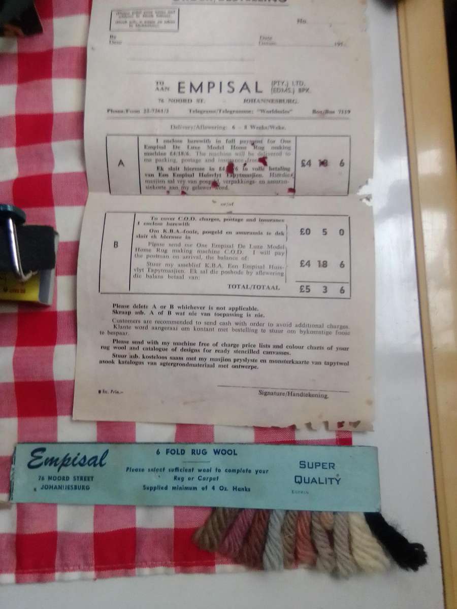 Old vintage 1950's Empisal Rug making machine with Original Paperwork.