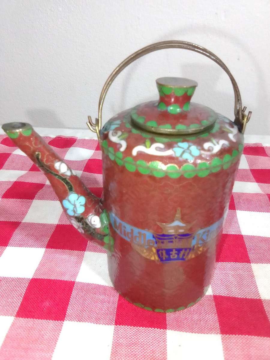 1900's *Middle Kingdom* Miniature Cloisonne Teapot - Flowers Brass over layer of enamel 85mm Tall.