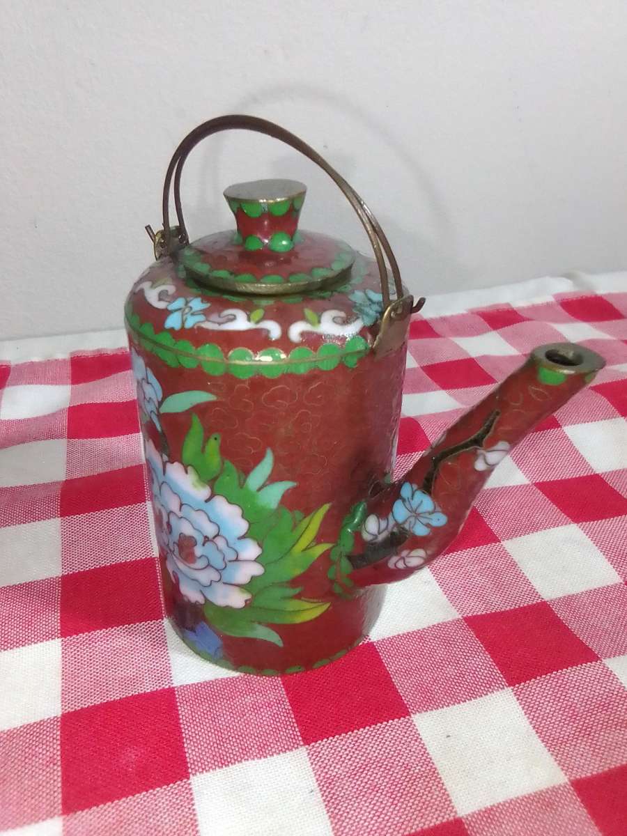 1900's *Middle Kingdom* Miniature Cloisonne Teapot - Flowers Brass over layer of enamel 85mm Tall.