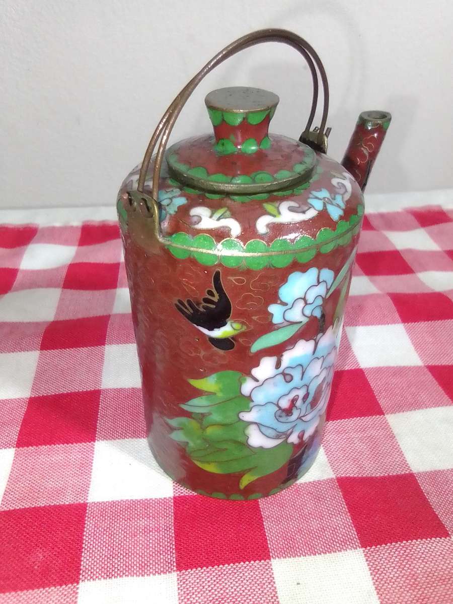 1900's *Middle Kingdom* Miniature Cloisonne Teapot - Flowers Brass over layer of enamel 85mm Tall.