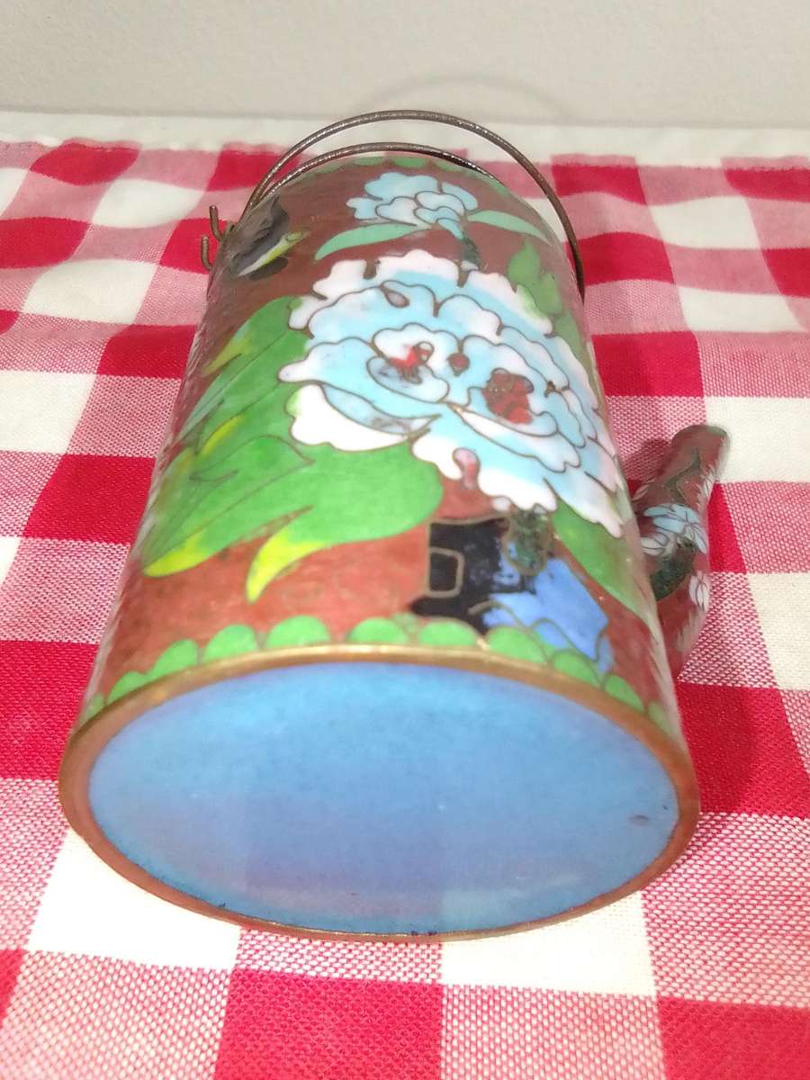 1900's *Middle Kingdom* Miniature Cloisonne Teapot - Flowers Brass over layer of enamel 85mm Tall.