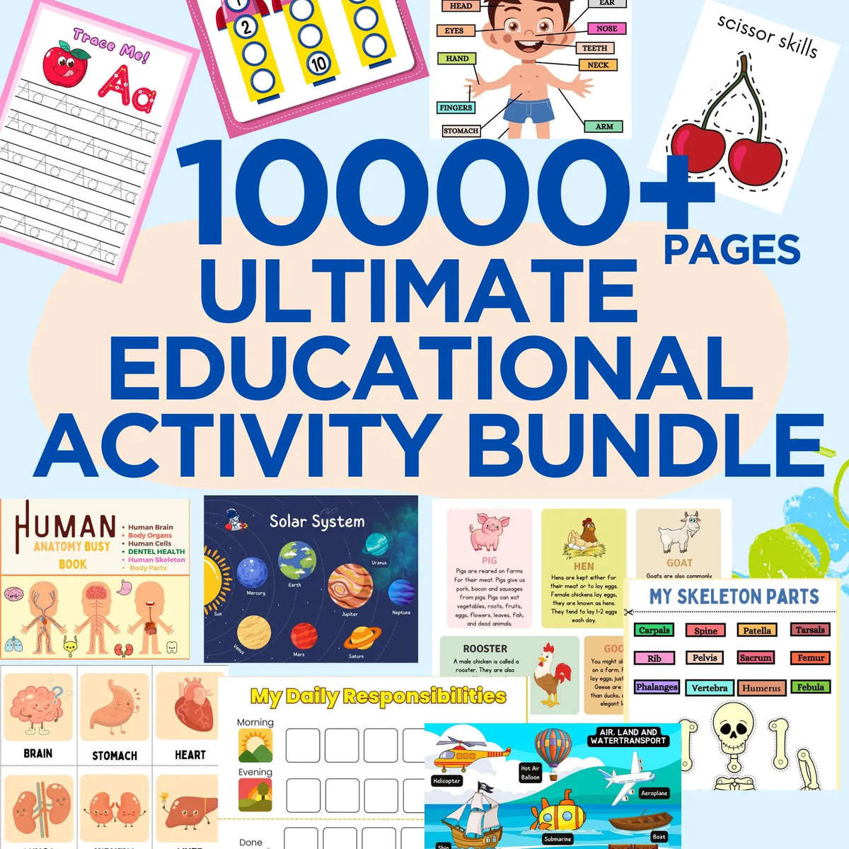 10000+ Educational Activity Printable Learning Tools for Kids Bundle