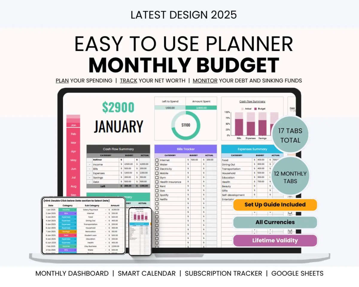 Monthly Budget Planner for Google Sheets, Monthly Budget Spreadsheet, Monthly Budget Tracker, Monthl