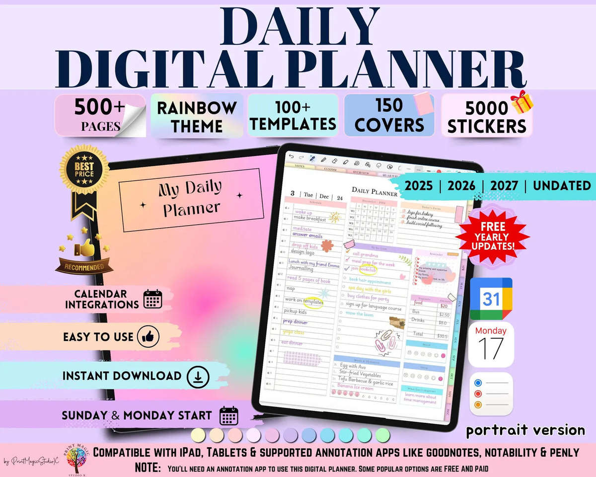 Daily Digital Planner Portrait Version 2025, 2026, 2027, UNDATED | Digital Planner | Yearly, Quarter
