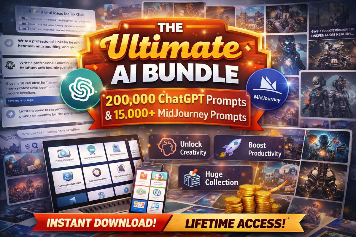 The Ultimate AI Bundle  200,000 ChatGPT Prompts & 15,000+ MidJourney Prompts