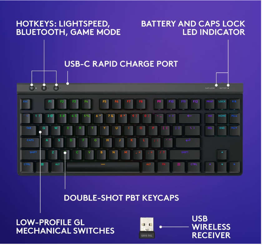 Logitech G515 LIGHTSPEED TKL Wireless Gaming Keyboard - Black