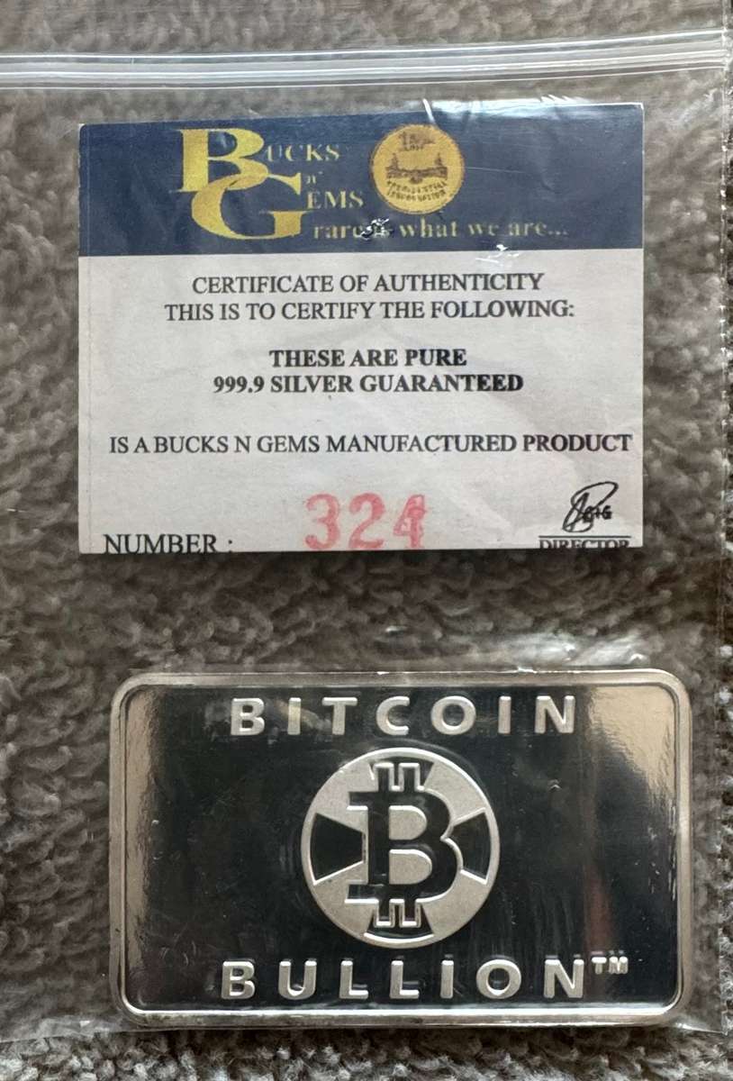 1oz PURE SILVER PROOF BAR *BITCOIN MINTED* BUCKS `n GEMS BAR + CERTIFICATE