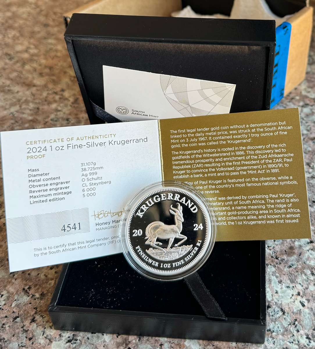 2024 KRUGERRAND 1oz FINE SILVER *PROOF* IN SAMINT BOX & CERTIFICATE MINTAGE - ?? BOOK VALUE ?  GRADE