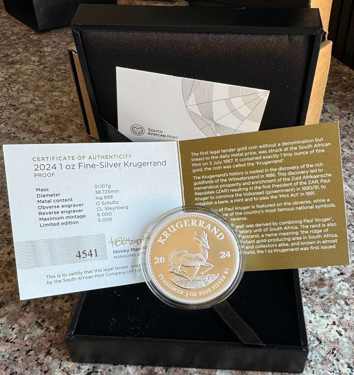 2024 KRUGERRAND 1oz FINE SILVER *PROOF* IN SAMINT BOX & CERTIFICATE MINTAGE - ?? BOOK VALUE ?  GRADE