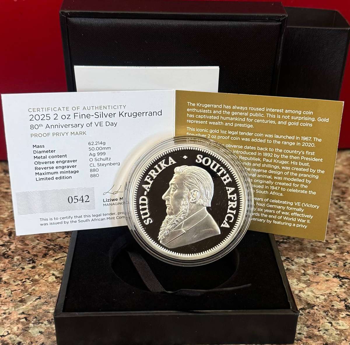 2025 KRUGERRAND 2oz SILVER PROOF - V DAY - LIMITED EDITION SAMINT AS ISSUED & CERTIFIED