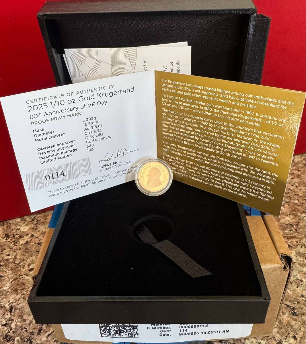 2025 KRUGERRAND 1/10oz GOLD 24KT PROOF - V DAY - LIMITED EDITION SAMINT AS ISSUED & CERTIFIED
