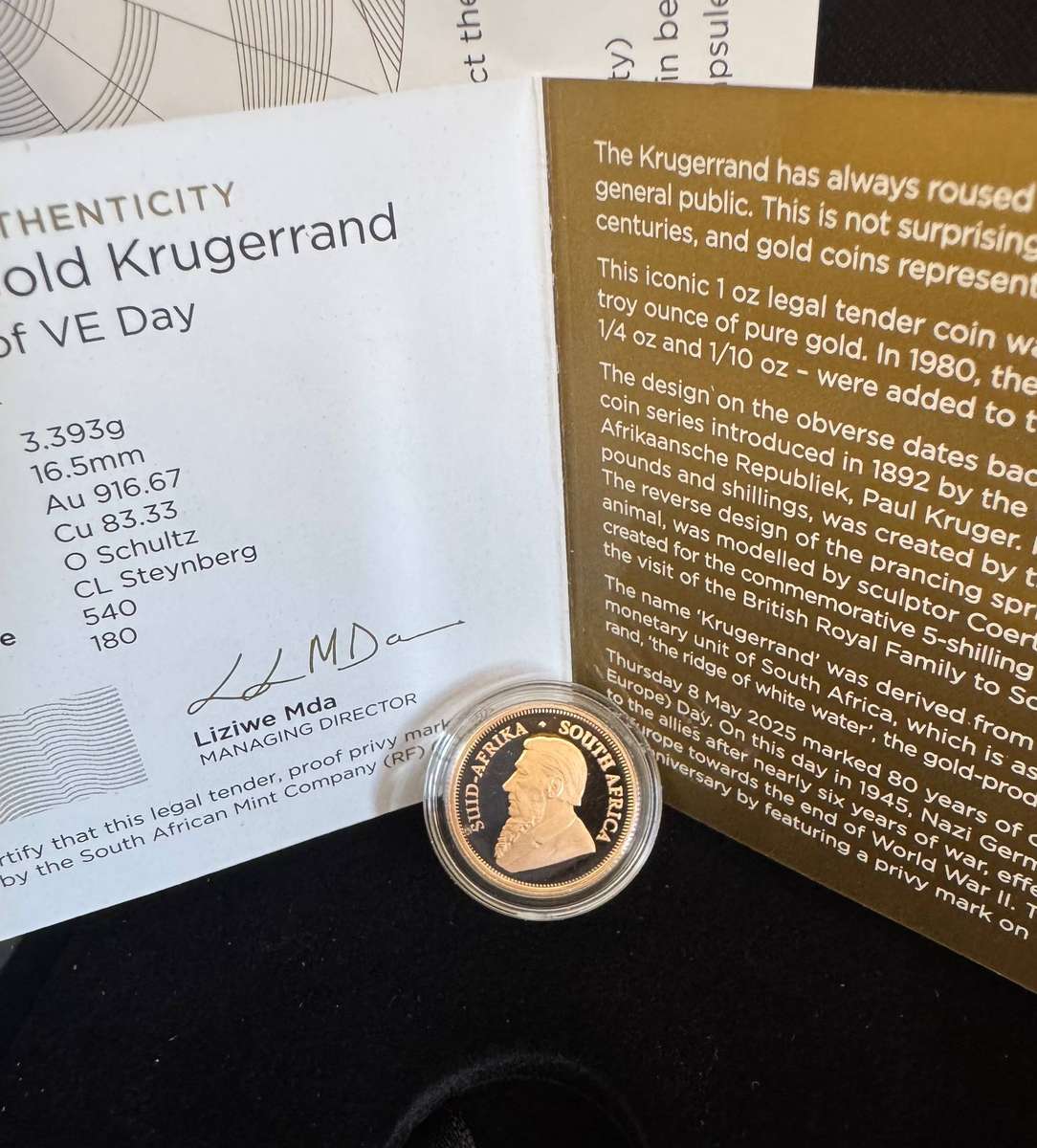 2025 KRUGERRAND 1/10oz GOLD 24KT PROOF - V DAY - LIMITED EDITION SAMINT AS ISSUED & CERTIFIED