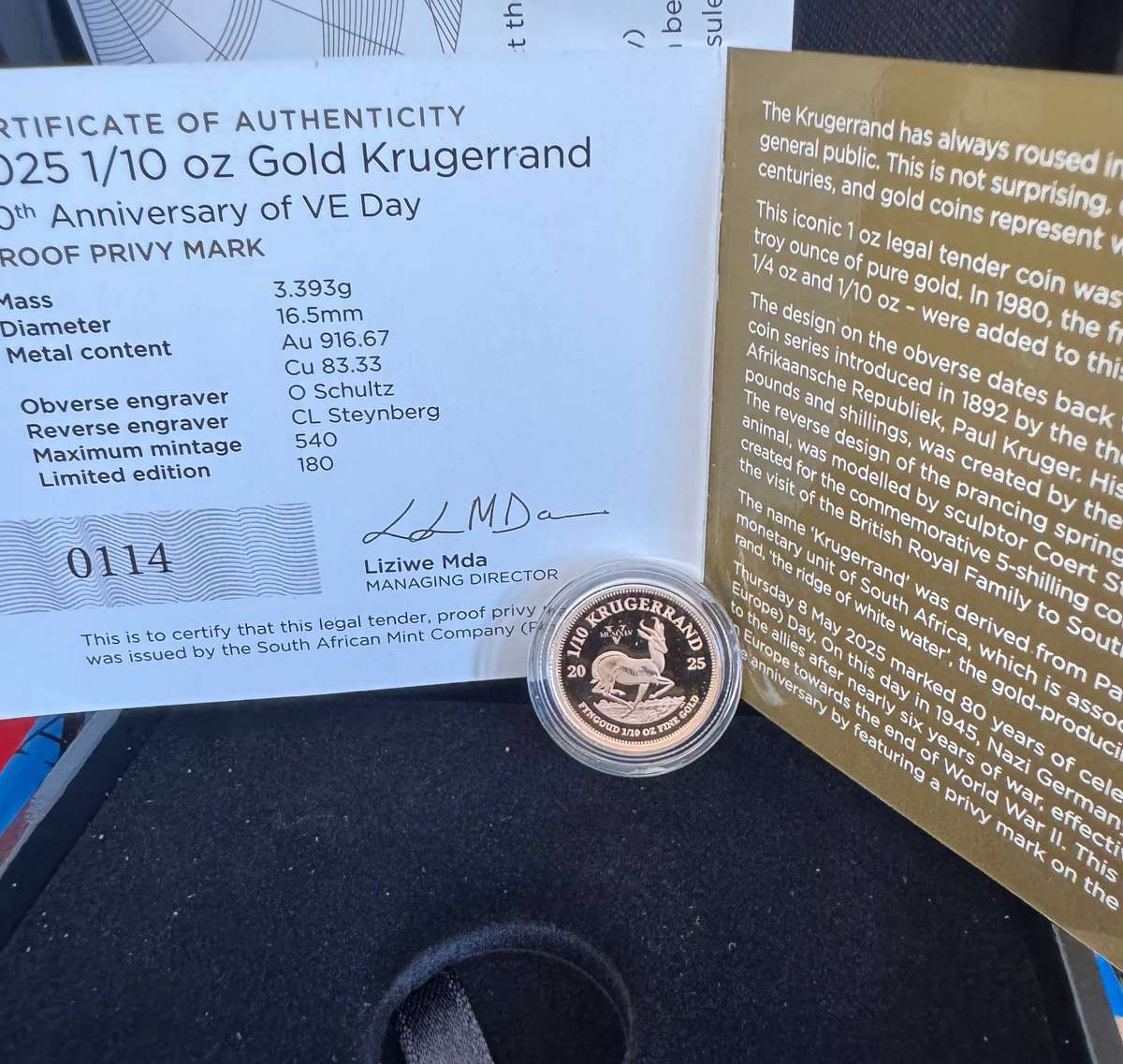 2025 KRUGERRAND 1/10oz GOLD 24KT PROOF - V DAY - LIMITED EDITION SAMINT AS ISSUED & CERTIFIED