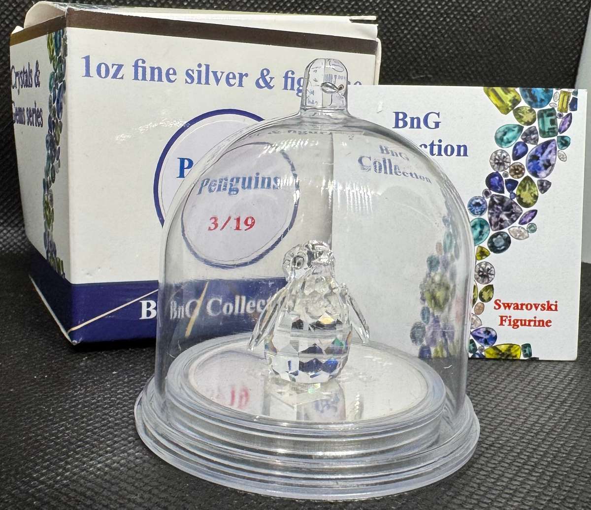 1oz PURE 999.9 SILVER CRYSTALS & GEMS COLORIZED SERIES IN DOME "SWAROVSKI PENGUINS" CERTIFIED & BOXE