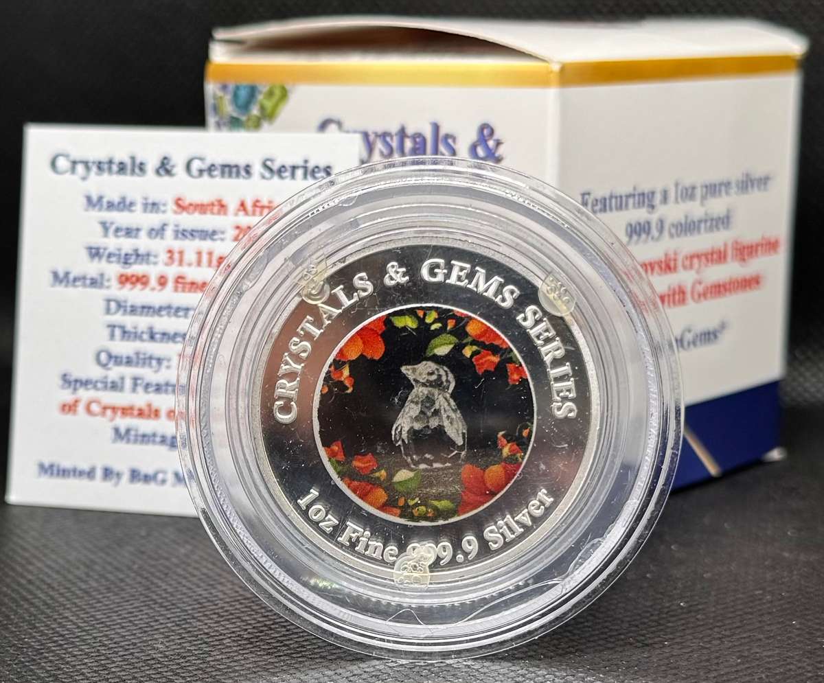 1oz PURE 999.9 SILVER CRYSTALS & GEMS COLORIZED SERIES IN DOME "SWAROVSKI PENGUINS" CERTIFIED & BOXE