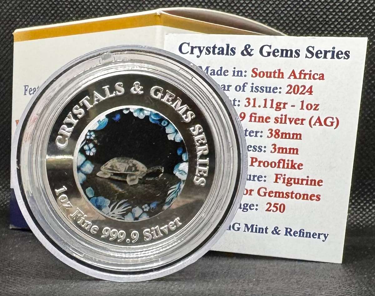 1oz PURE 999.9 SILVER CRYSTALS & GEMS COLORIZED SERIES IN DOME "SWAROVSKI BABY TURTLE " CERTIFIED &