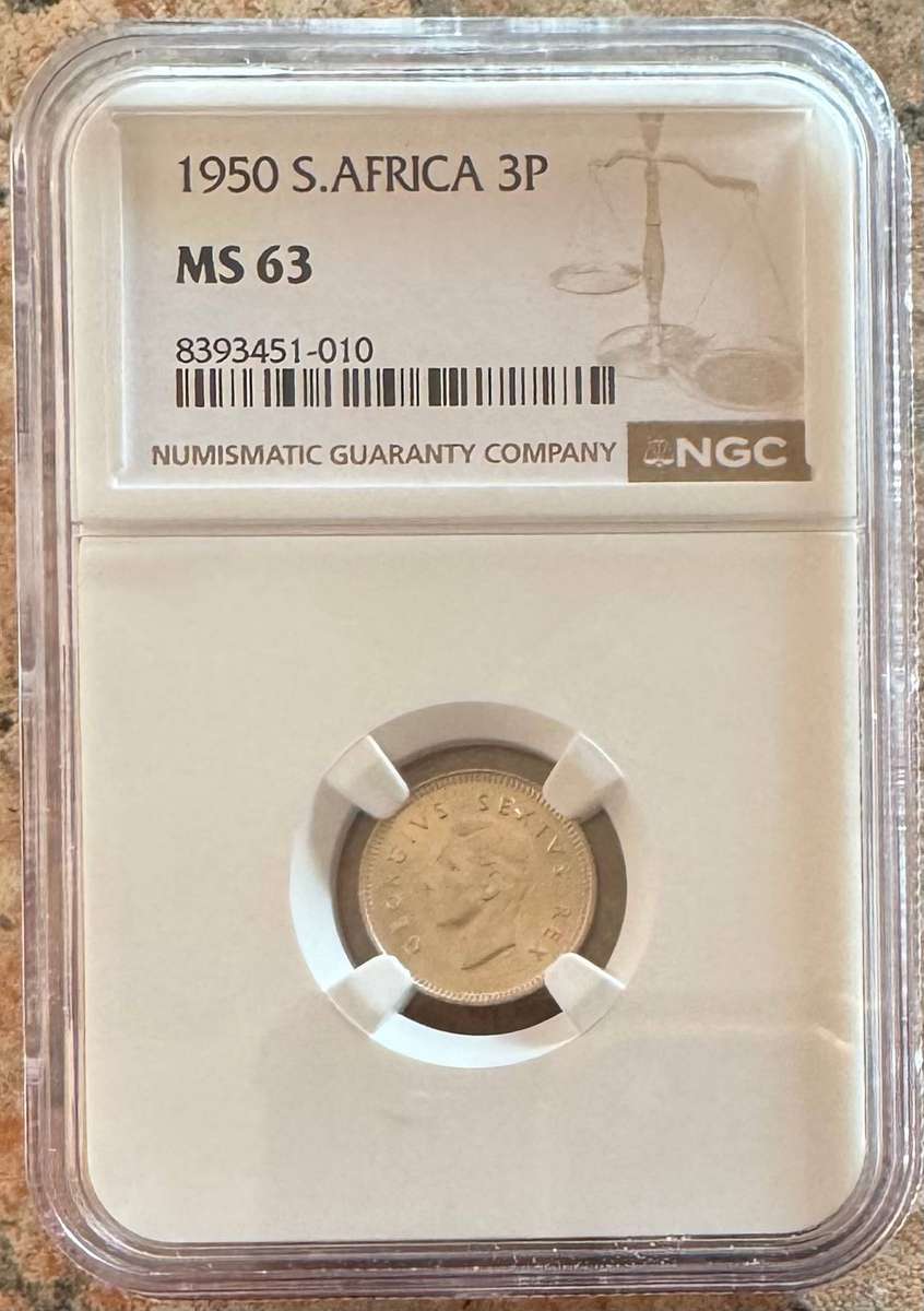 1950 UNION SA 3 PENCE - MS63 - NGC GRADED