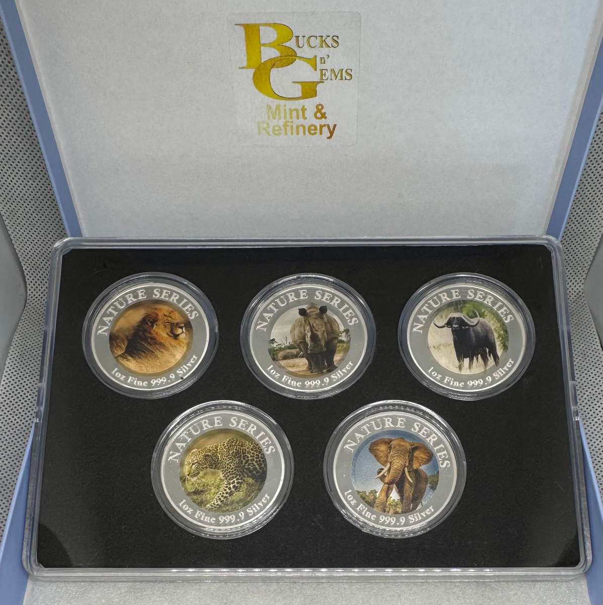 2024 NATURE SERIES OF SOUTH AFRICA "AFRICAN BIG 5 COIN SET " 1oz FINE 999.9 SILVER COLORIZED BULLION